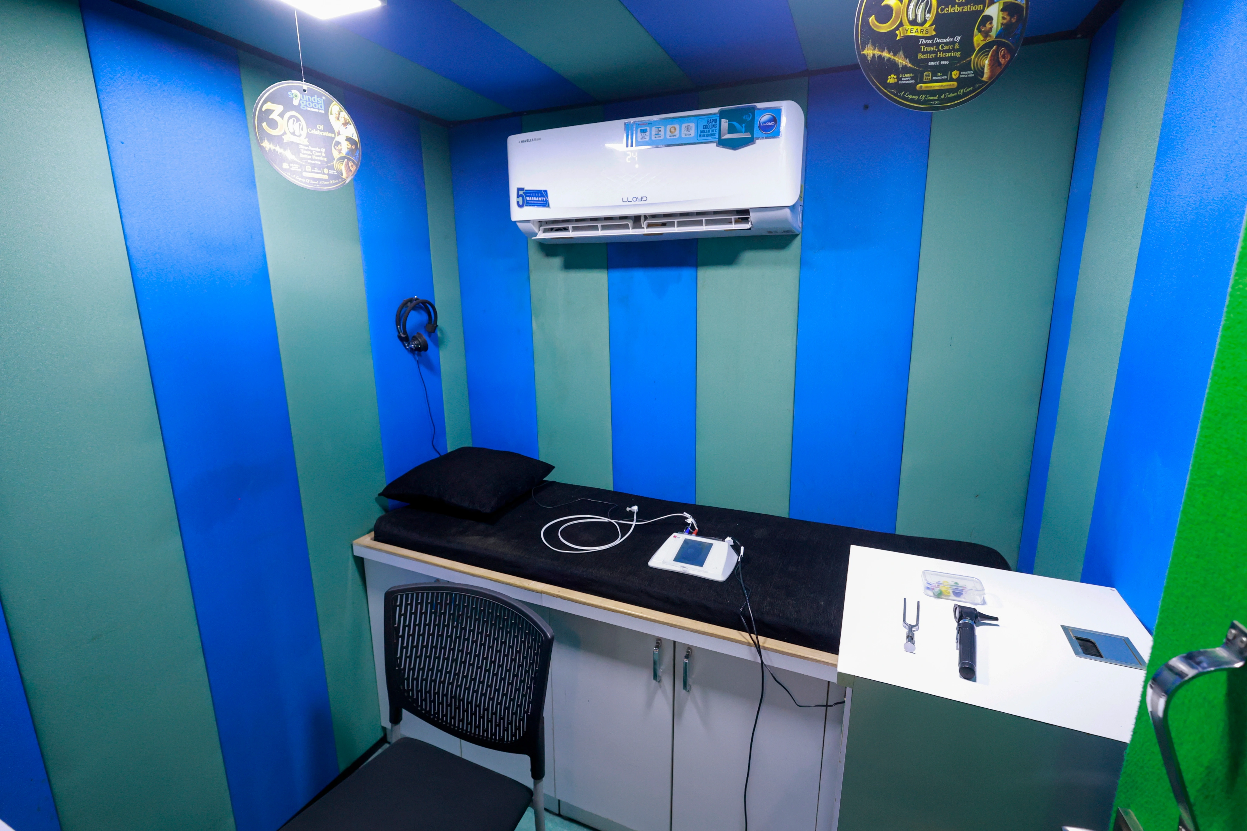 Hearing test booth at Sounds Good Hearing Care