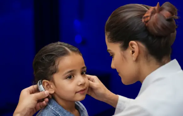 Hearing care specialist providing at-home consultation