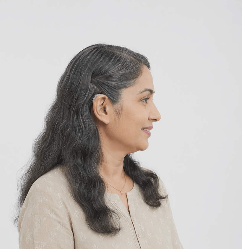 Person wearing a modern hearing aid